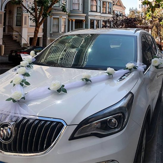 Decoration voiture mariage materiau tulle blanc