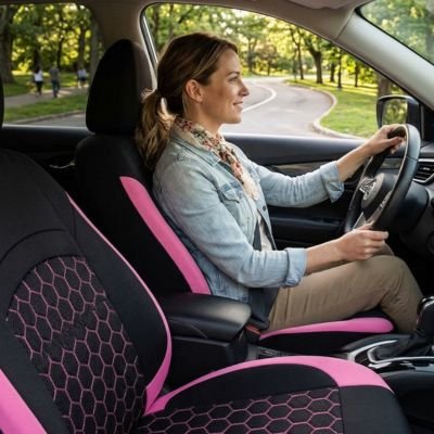 Housse de siege voiture motif nid d'abeille rose