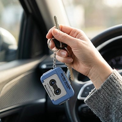 Porte cles​ cassette audio bleu